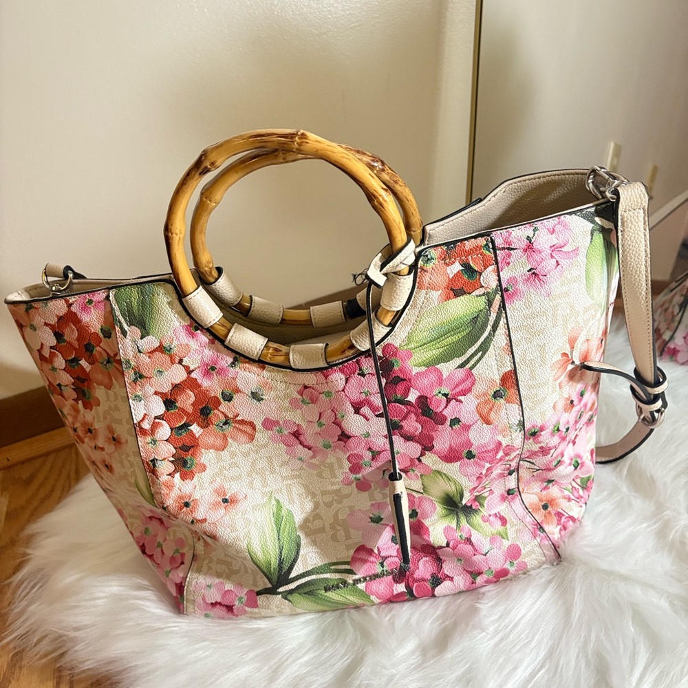 Dana Buchman Pink Floral Tote with Bamboo Handles